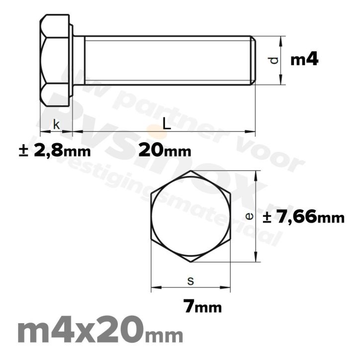 RVS Zeskantbout M4x20mm DIN 933 A2