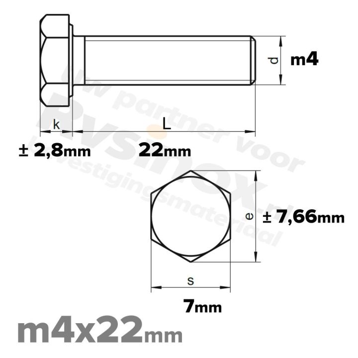 RVS Zeskantbout M4x22mm DIN 933 A2