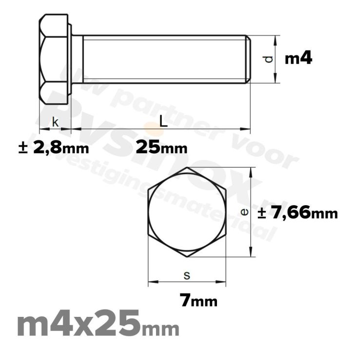 RVS Zeskantbout M4x25mm DIN 933 A2