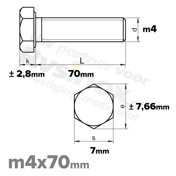 RVS Zeskantbout M4x70mm DIN 933 A2