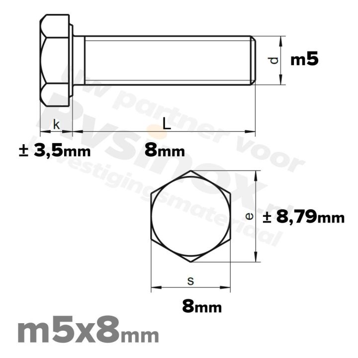 RVS Zeskantbout M5x8mm DIN 933 A2