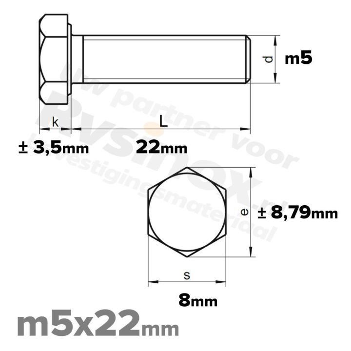 RVS Zeskantbout M5x22mm DIN 933 A2