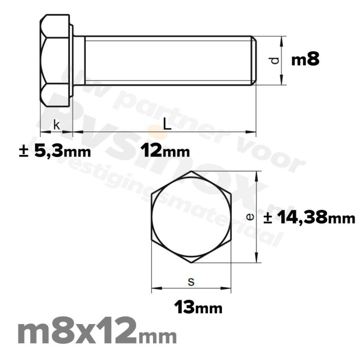 RVS Zeskantbout M8x12mm DIN 933 A2
