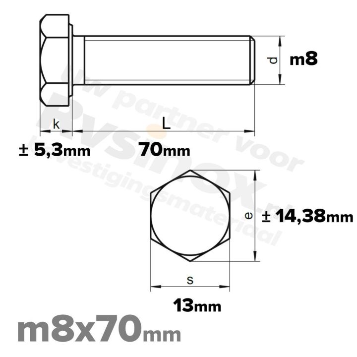 RVS Zeskantbout M8x70mm DIN 933 A2