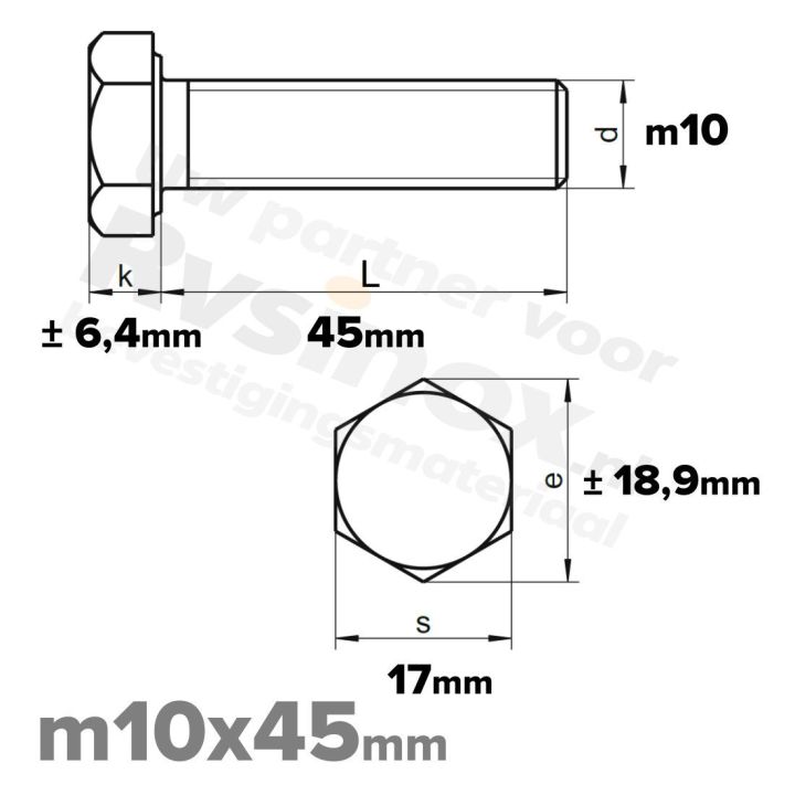 RVS Zeskantbout M10x45mm DIN 933 A2