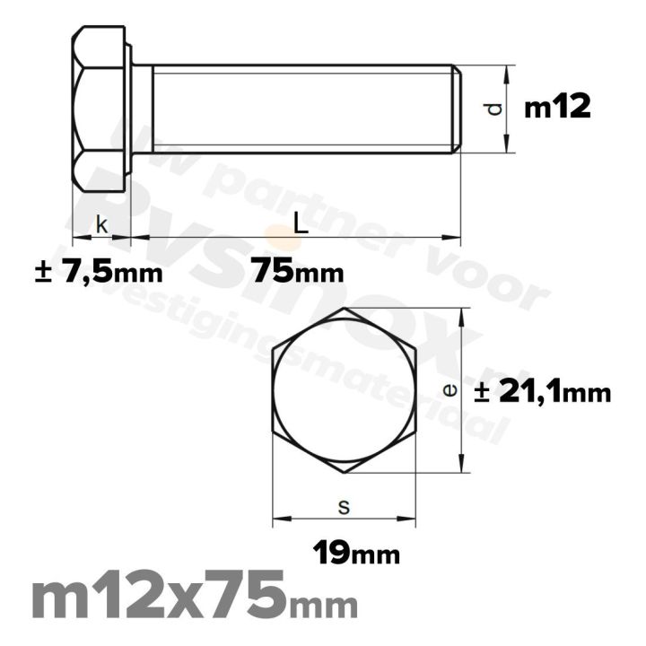 RVS Zeskantbout M12x75mm DIN 933 A2