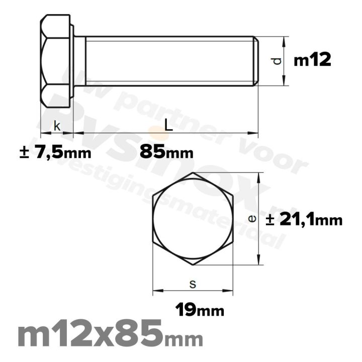 RVS Zeskantbout M12x85mm DIN 933 A2