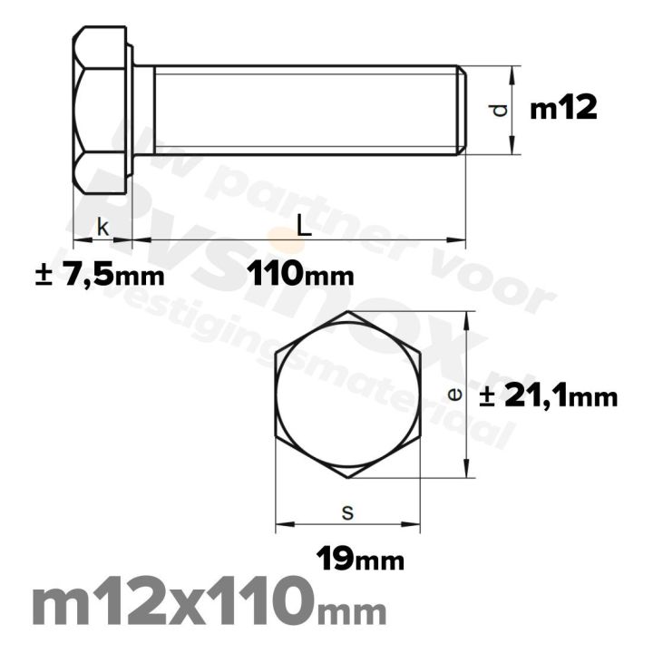 RVS Zeskantbout M12x110mm DIN 933 A2