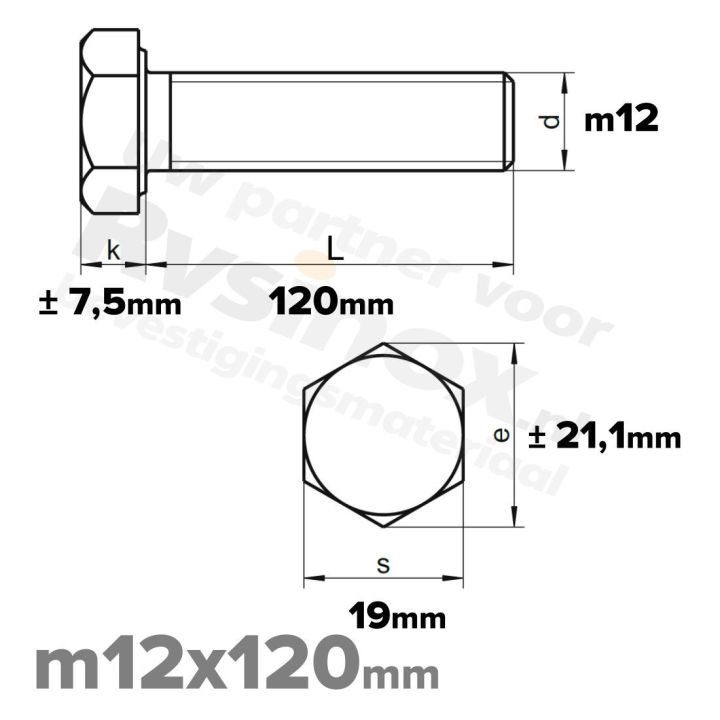 RVS Zeskantbout M12x120mm DIN 933 A2