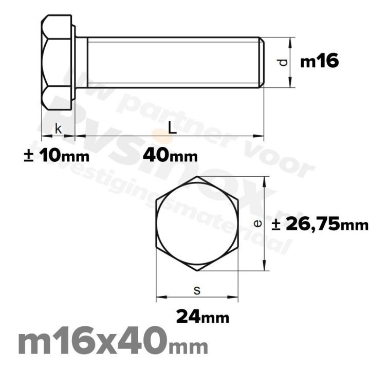 RVS Zeskantbout M16x40mm DIN 933 A2