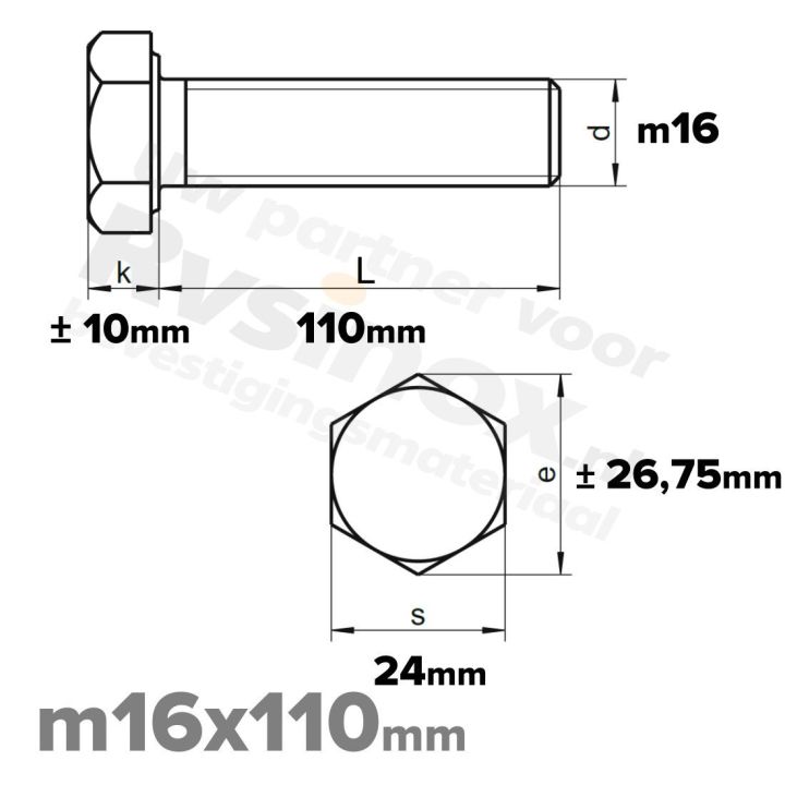 RVS Zeskantbout M16x110mm DIN 933 A2