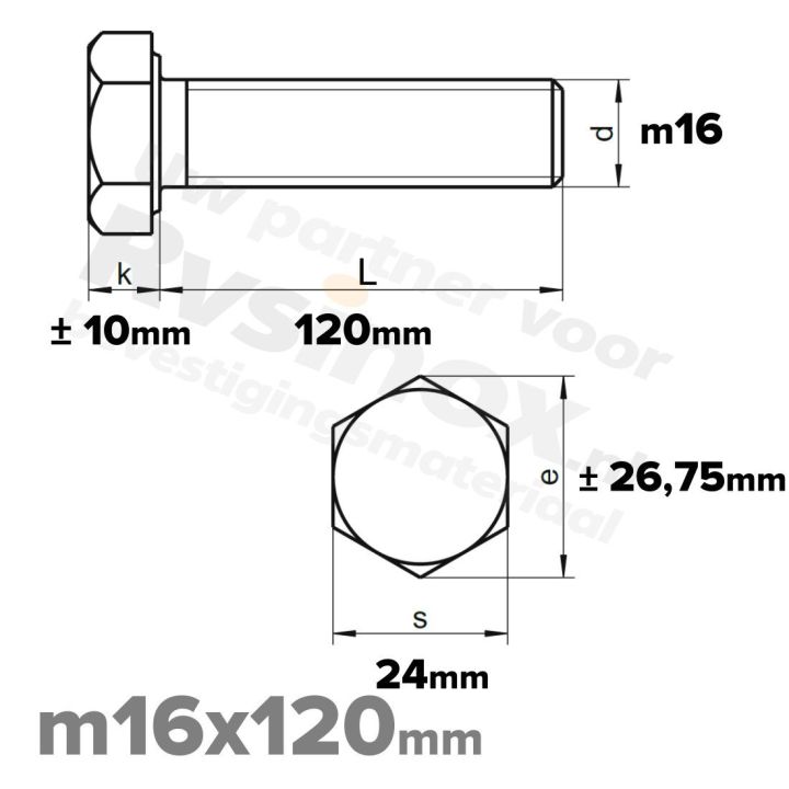 RVS Zeskantbout M16x120mm DIN 933 A2