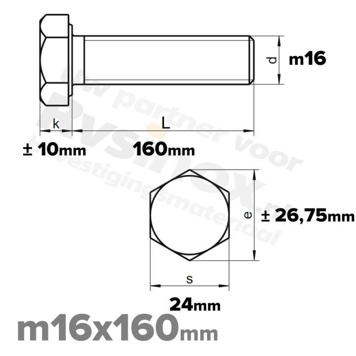 RVS Zeskantbout M16x160mm DIN 933 A2