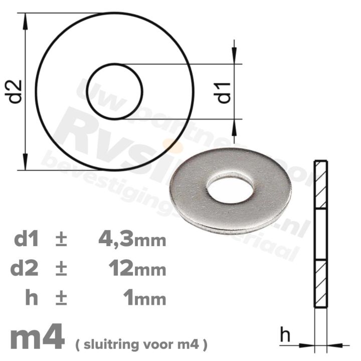 M4 Vlakke sluitring met grote buitendiameter DIN 9021 RVS A2 | Rvsinox.nl