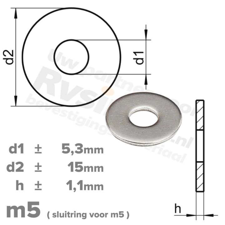 M5 Vlakke sluitring met grote buitendiameter DIN 9021 RVS A2 | Rvsinox.nl