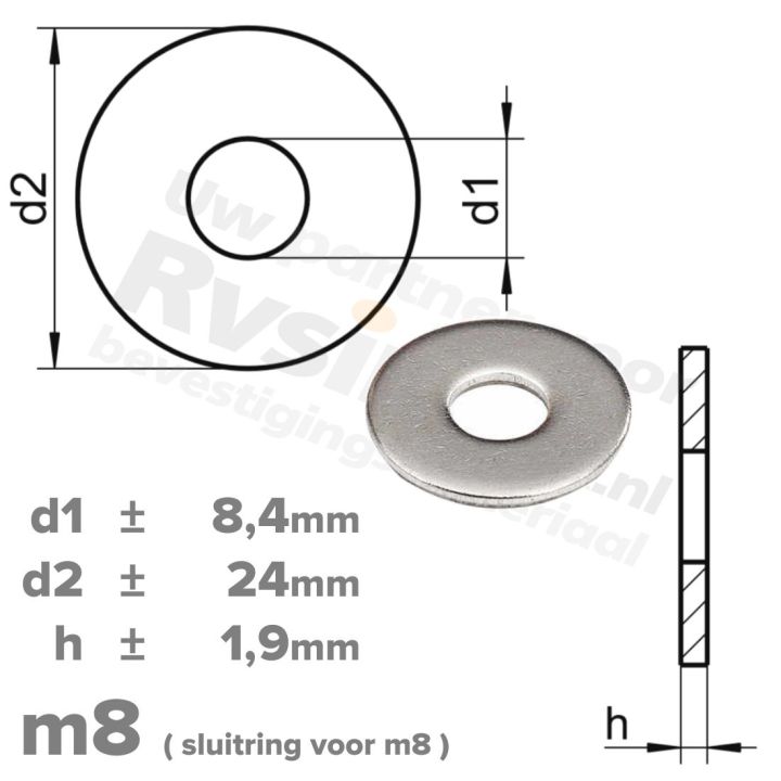 M8 Vlakke sluitring met grote buitendiameter DIN 9021 RVS A2 | Rvsinox.nl