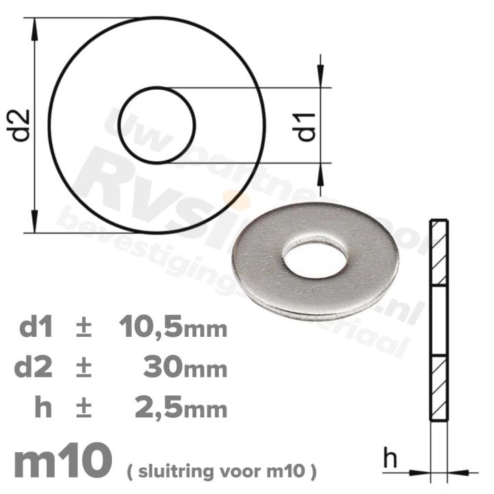 M10 Vlakke sluitring met grote buitendiameter DIN 9021 RVS A2 | Rvsinox.nl