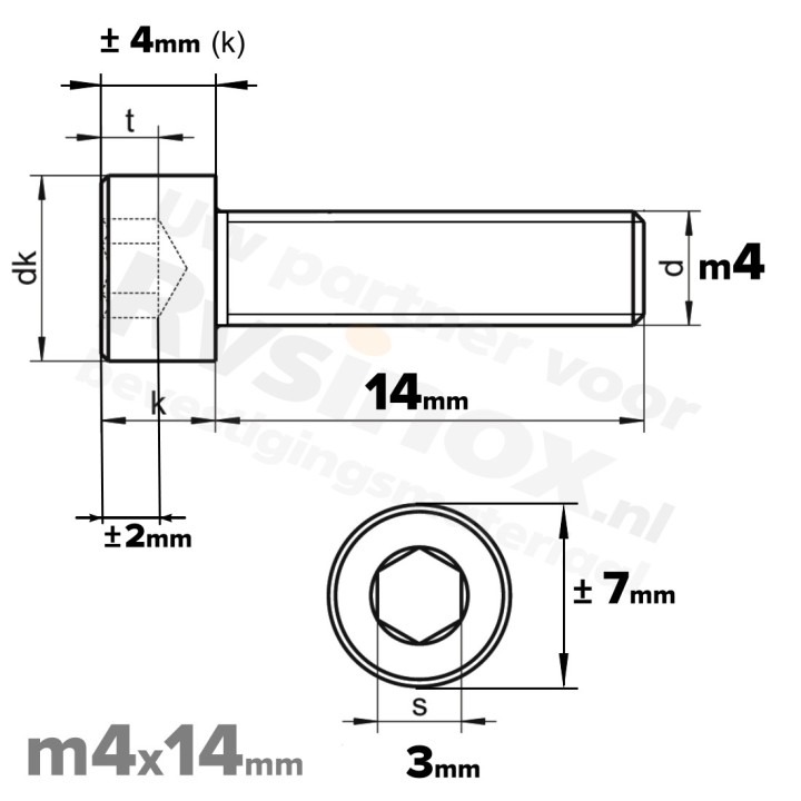 RVS Inbusbout M4x14 DIN 912 A2 | Cilinderschroef ISO 4762