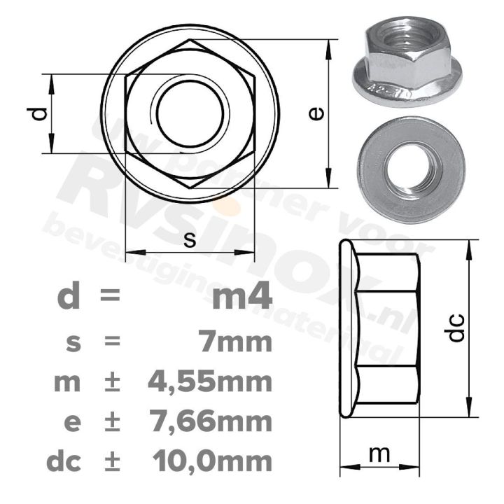 Zeskantflensmoer M4 DIN 6923 RVS A2 | rvsinox.nl