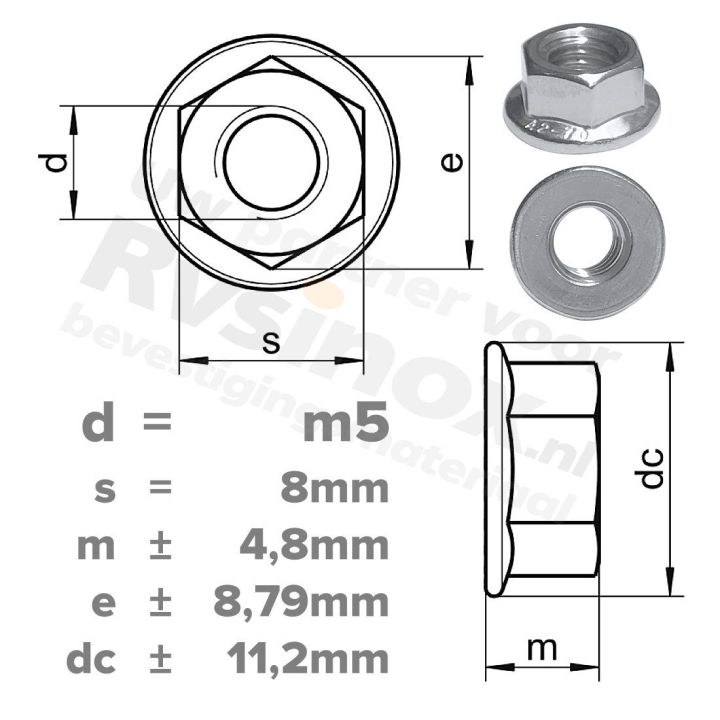 Zeskantflensmoer M5 DIN 6923 RVS A2 | rvsinox.nl