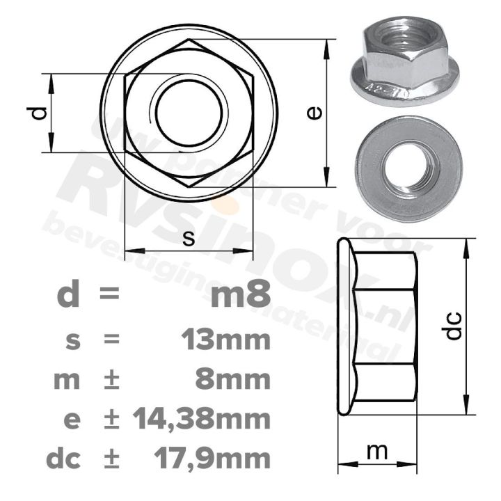 Zeskantflensmoer M8 DIN 6923 RVS A2 | rvsinox.nl