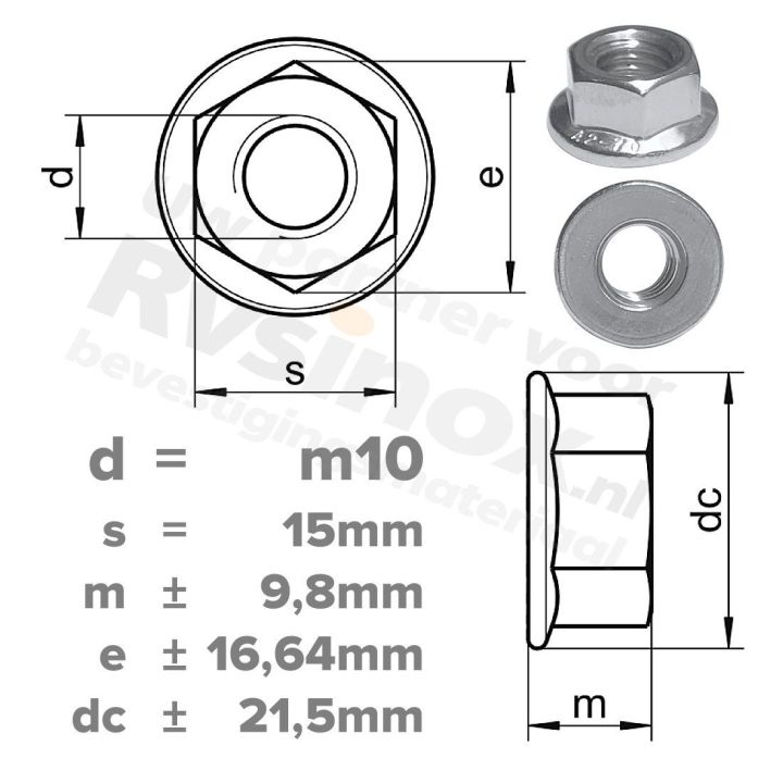 Zeskantflensmoer M10 DIN 6923 RVS A2 | rvsinox.nl