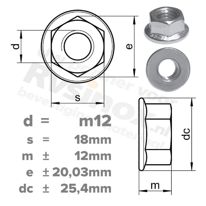 Zeskantflensmoer M12 DIN 6923 RVS A2 | rvsinox.nl