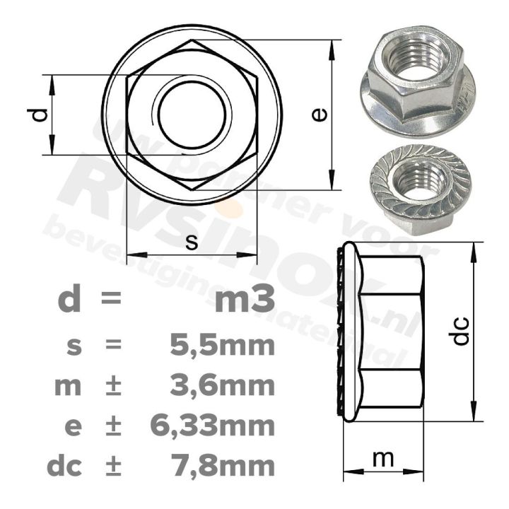 Zeskantflensmoer met vertanding M3 DIN 6923R RVS A2
