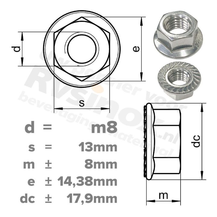 Zeskantflensmoer met vertanding M8 DIN 6923R RVS A2