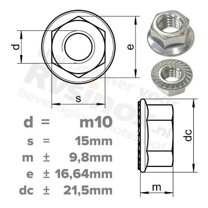 Zeskantflensmoer met vertanding M10 DIN 6923R RVS A2