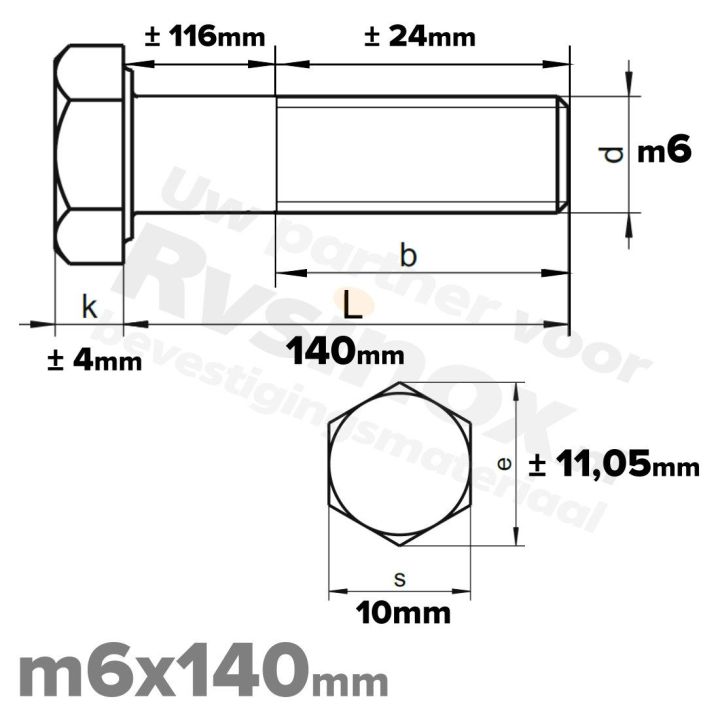 RVS A2 Zeskantbout DIN 931 M6 x 140mm | Rvsinox.nl