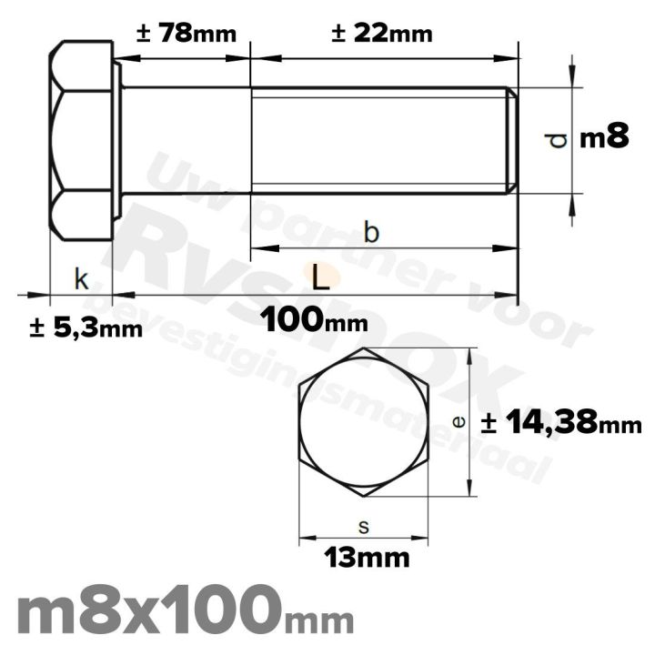 RVS A2 Zeskantbout DIN 931 M8 x 100mm | Rvsinox.nl