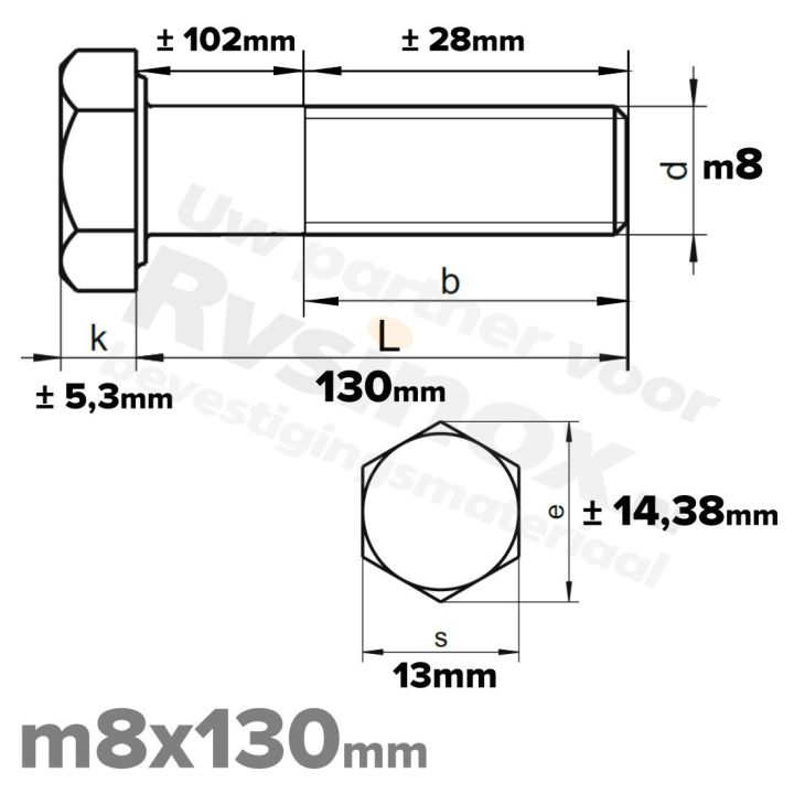 RVS A2 Zeskantbout DIN 931 M8 x 130mm | Rvsinox.nl
