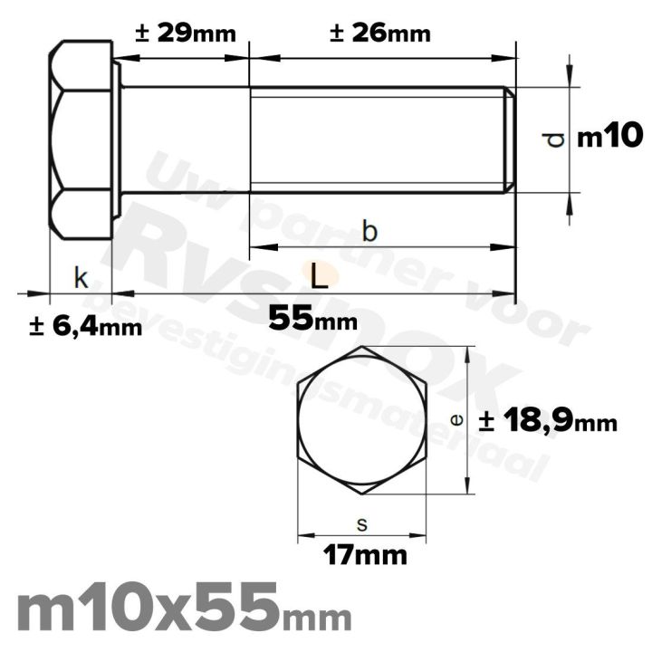RVS A2 Zeskantbout DIN 931 M10 x 55mm | Rvsinox.nl