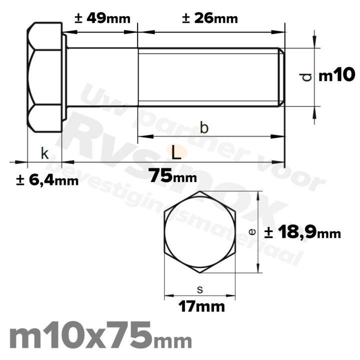 RVS A2 Zeskantbout DIN 931 M10 x 75mm | Rvsinox.nl