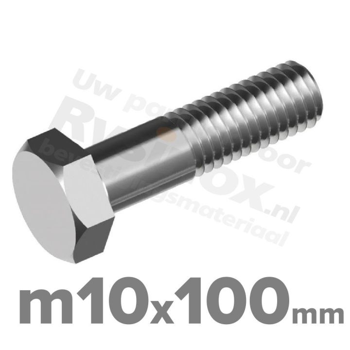 RVS A2 Zeskantbout DIN 931 M10 x 100mm | Rvsinox.nl