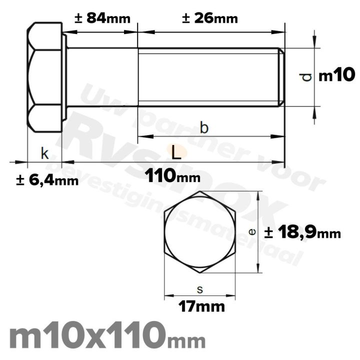 RVS A2 Zeskantbout DIN 931 M10 x 110mm | Rvsinox.nl