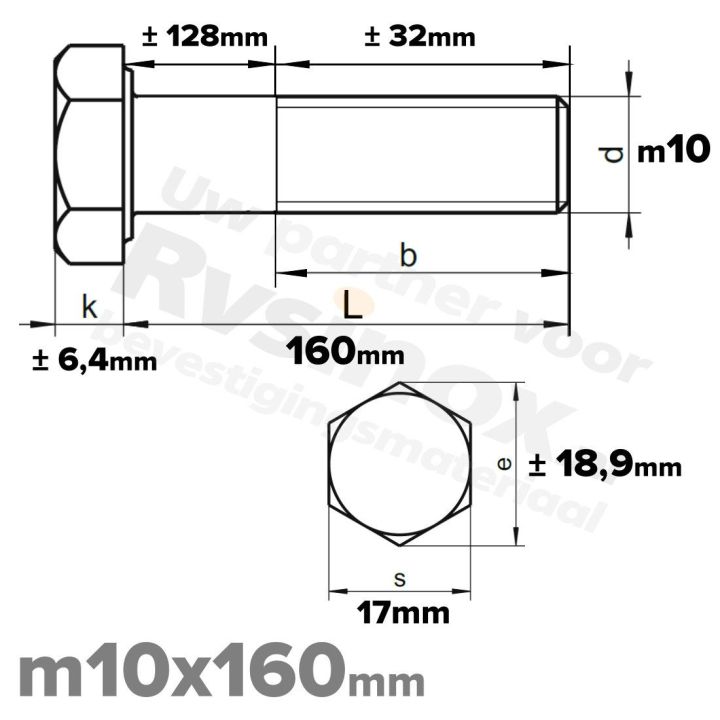 RVS A2 Zeskantbout DIN 931 M10 x 160mm | Rvsinox.nl