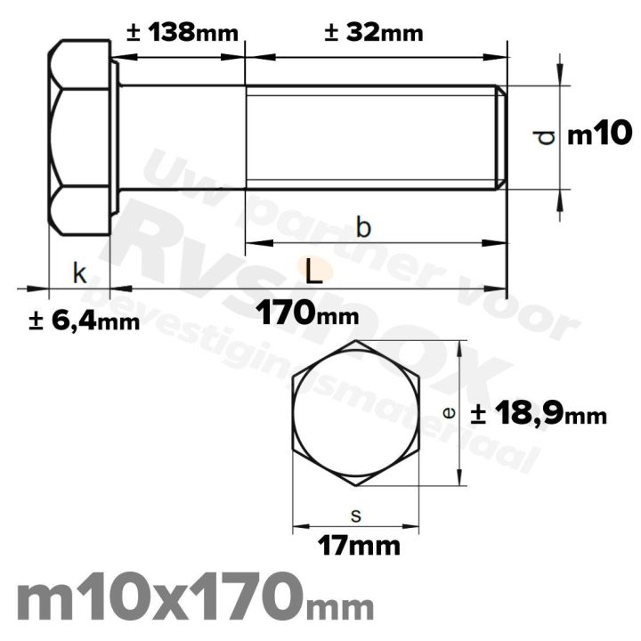 RVS A2 Zeskantbout DIN 931 M10 x 170mm | Rvsinox.nl