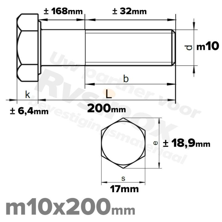 RVS A2 Zeskantbout DIN 931 M10 x 200mm | Rvsinox.nl