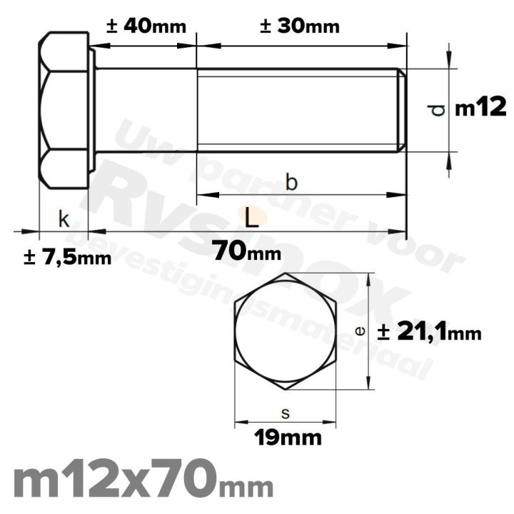 RVS A2 Zeskantbout DIN 931 M12 x 70mm | Rvsinox.nl