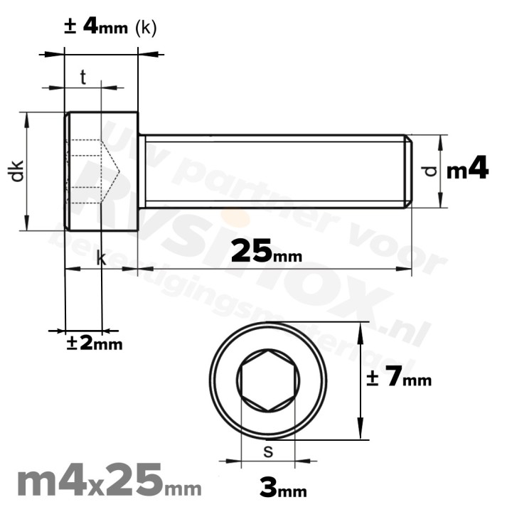 RVS Inbusbout M4x25 DIN 912 A2 | Cilinderschroef ISO 4762
