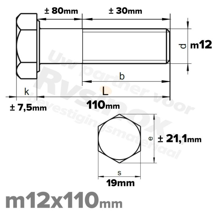 RVS A2 Zeskantbout DIN 931 M12 x 110mm | Rvsinox.nl