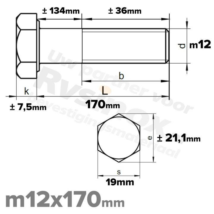 RVS A2 Zeskantbout DIN 931 M12 x 170mm | Rvsinox.nl