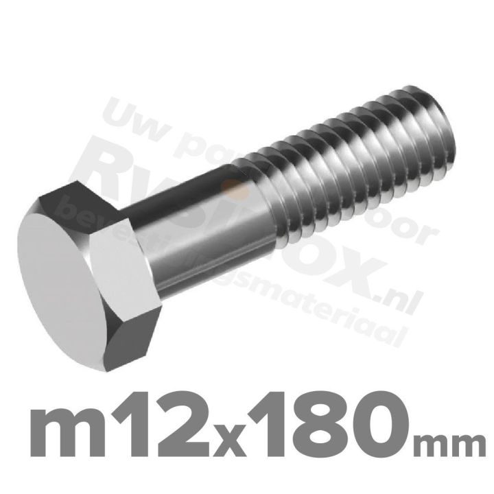 RVS A2 Zeskantbout DIN 931 M12 x 180mm | Rvsinox.nl
