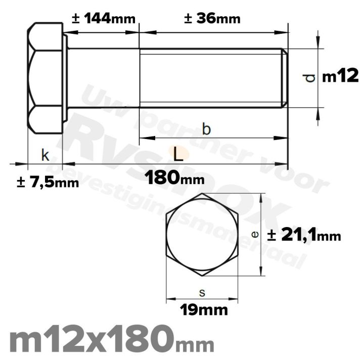 RVS A2 Zeskantbout DIN 931 M12 x 180mm | Rvsinox.nl