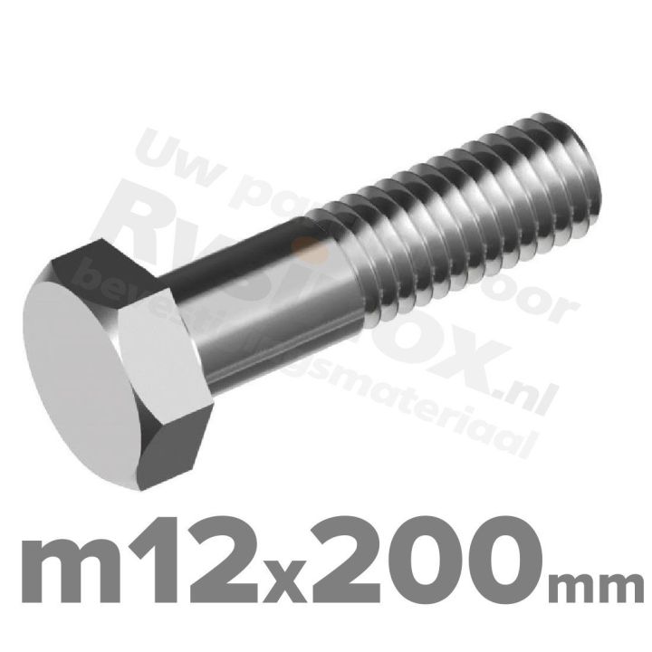 RVS A2 Zeskantbout DIN 931 M12 x 200mm | Rvsinox.nl