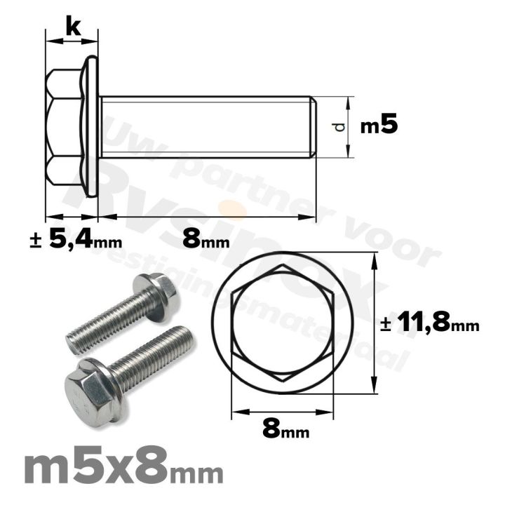 Zeskantbout met flens M5 x 8mm DIN 6921 A2 ( RVS )