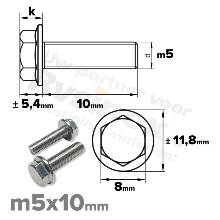 Zeskantbout met flens M5 x 10mm DIN 6921 A2 ( RVS )