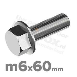 Zeskantbout met flens M6 x 60mm DIN 6921 A2 ( RVS )
